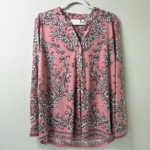 Belle by Kim Gravel Henley Top Pink Gray Floral v-neck long sleeve